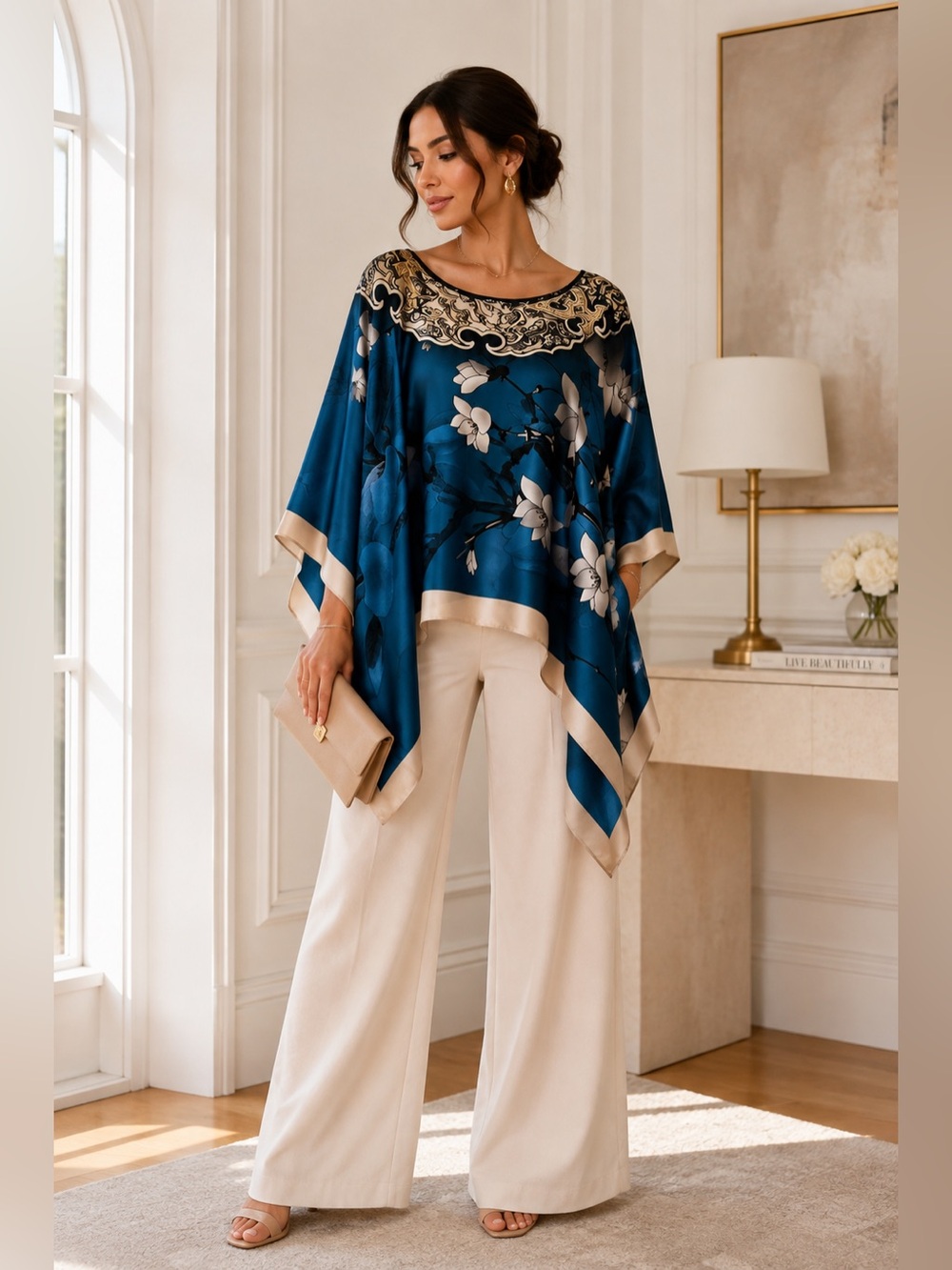 Elegant Blue Floral Satin Poncho Top with Cream Trim